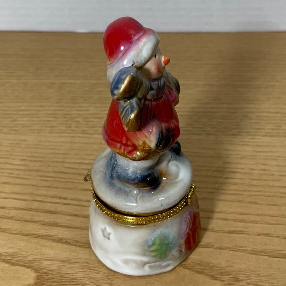 Porcelain Snowman w Song Book Bible Christmas Trinket Ring Box Hinged w Gold - Picture 4 of 8